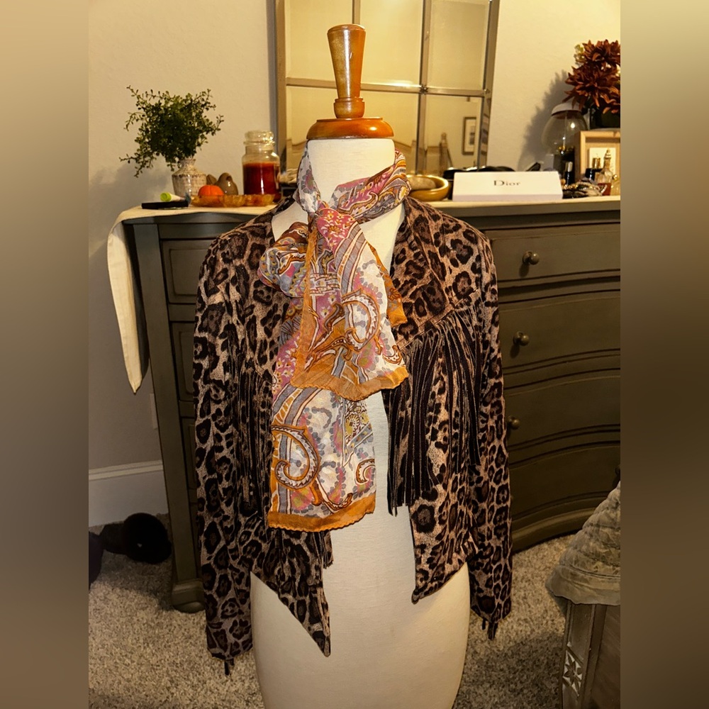 Suede leopard print fringe jacket